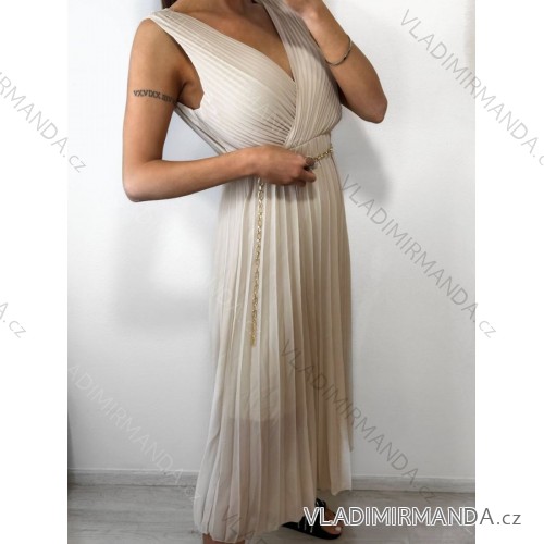 Šaty elegantné so skladanou sukňou bez rukávov dámske (S/M ONE SIZE) TALIANSKA MóDA IM42359100/DU S/M béžová