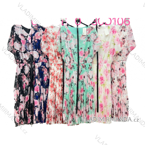 Šaty šifónové s opaskom kvetované krátky rukáv dámske (S/M/L ONE SIZE) TALIANSKA MÓDA IM423259