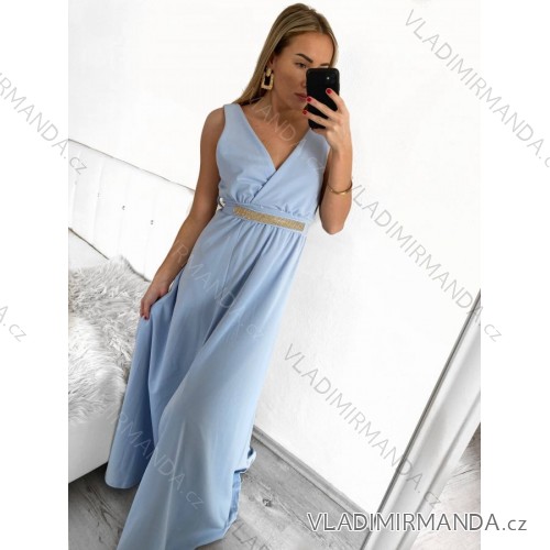 Šaty dlhé na ramienka spoločenské elegantné plesové s opaskom dámske (S/M ONE SIZE) TALIANSKA MÓDA IMM22Q52228/DR svetlo modrá