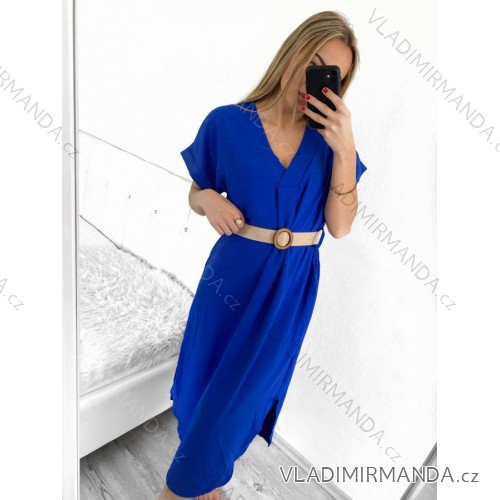 Šaty letné dlhé s opaskom krátky rukáv dámske (S/M ONE SIZE) TALIANSKA MÓDA IMM23M7363/DU S/M kráľovská modrá