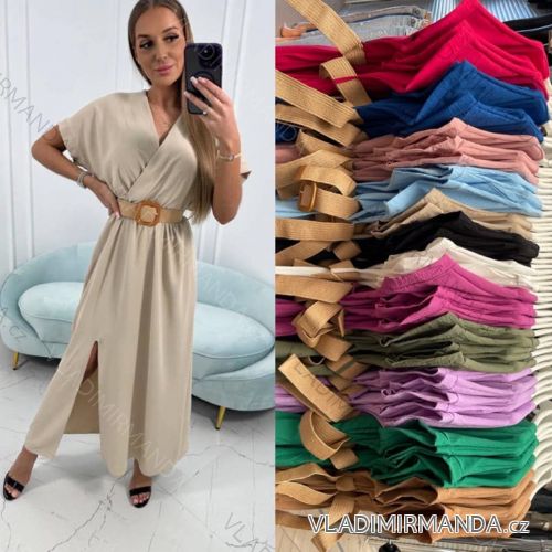 Šaty dlhé letné s opaskom krátky rukáv dámske (S/M ONE SIZE) TALIANSKA MÓDA IMWAD231688
