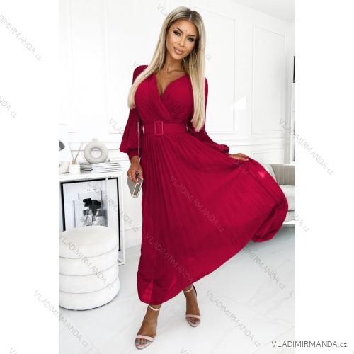 414-9 KLARA riasené šaty s opaskom a výstrihom - Bordová farba