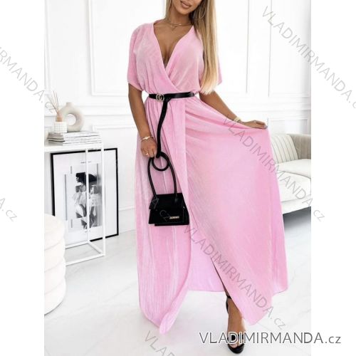 Šaty dlhé letné elegantné s opaskom krátky rukáv dámske (S/M ONE SIZE) TALIANSKA MÓDA IMWKK232173