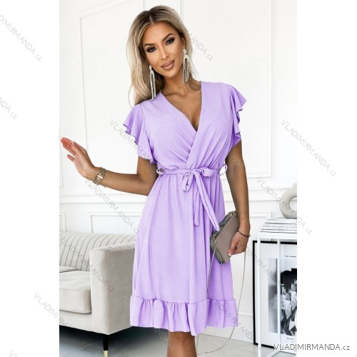 Šaty 455-3 CORNELIA s volánom, výstrihom a kravatou - Heidekraut