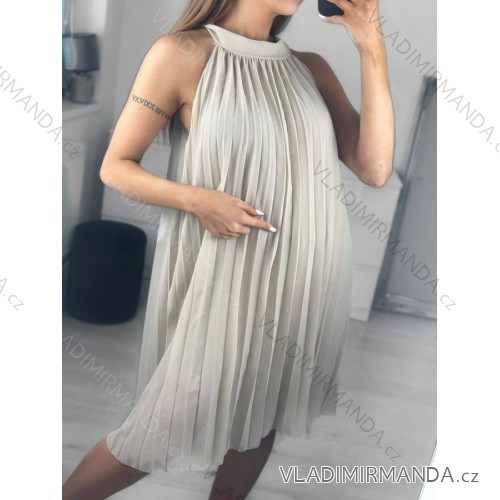 Šaty letné skladané šifónové bez rukávov dámske (S/M/L ONE SIZE) TALIANSKA MÓDA IMWY231072/DU M/L béžová