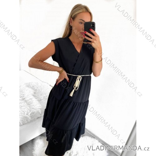 Šaty letní s páskem krátký rukáv dámské (S/M ONE SIZE) ITALSKÁ MÓDA IMM23M7739/DUR S/M čierna
