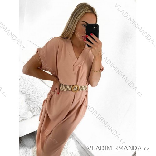 Šaty letné s opaskom krátky rukáv dámske (S/M/L ONE SIZE) TALIANSKA MÓDA IMWA222563/DUR světle růžová