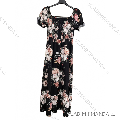 Šaty dlhé letné žabičkované krátky rukáv dámske (S/M ONE SIZE) TALIANSKA MÓDA IMWGS231744/DU S/M čierna