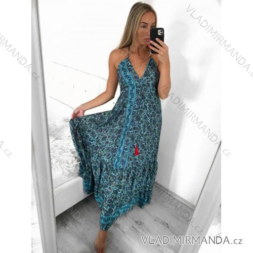 Šaty dlhé letné na ramienka dámske (S/M ONE SIZE) INDICKÁ MÓDA IMM23PW5010-3/DU S/M modrá