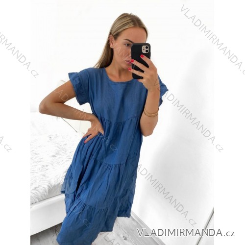Šaty riflové voľnočasové krátky rukáv dámske nadrozmer (M/L/XL ONE SIZE) TALIANSKA MÓDA IM722148/DR tmavě modrá