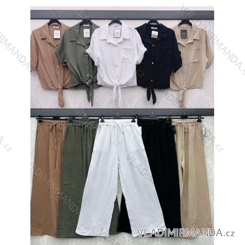 Súprava letné nohavice dlhé a košele krátky rukáv dámska mušelín (S/M ONE SIZE) TALIANSKA MÓDA IMWB232661