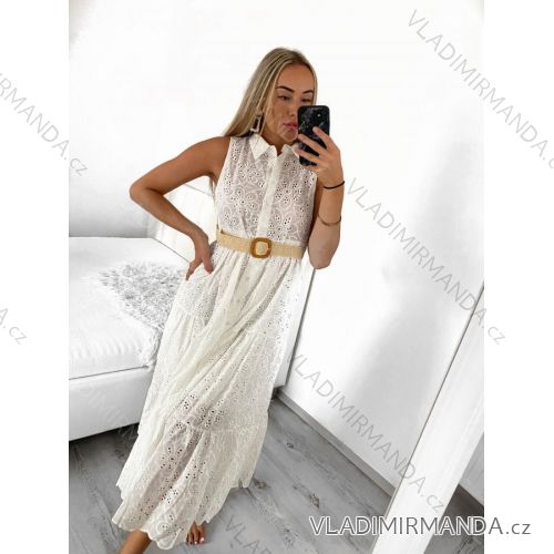 Šaty košilové krajkované s páskem bez rukávu dámské (S/M ONE SIZE) ITALSKÁ MÓDA IMM23BR3447/DU S/M biela