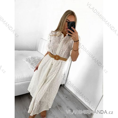 Šaty košeľové čipkované s opaskom krátky rukáv dámske (S/M ONE SIZE) TALIANSKA MÓDA IMM23BR1956