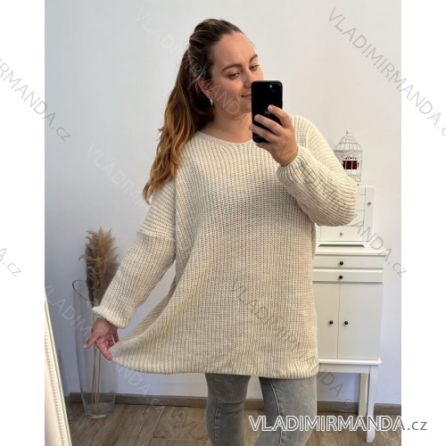 Sveter pletený oversize dlhý rukáv dámsky nadrozmer (2XL/3XL/4XL/5XL ONE SIZE) TALIANSKA MÓDA IMD23755/DU 3XL / 4XL béžová