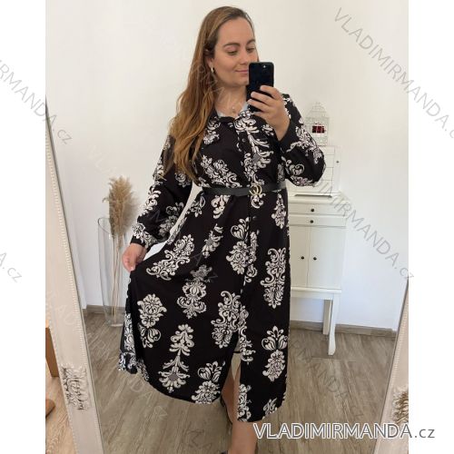 Šaty košeľové s páskem dlhý rukáv dámske nadrozměr(XL/2XL/3XLONE SIZE) TALIANSKA MÓDA IMWEC23MAJA-4/DU XL/2XL čierna