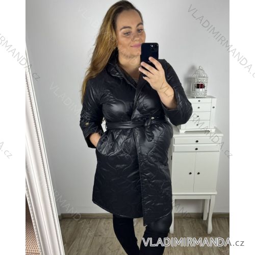 Bunda, Kabát  dlhý rukáv dámska nadrozmer (XL/2XL ONE SIZE) TALIANSKA MÓDA IM423BELTA/DU XL/2XL čierna