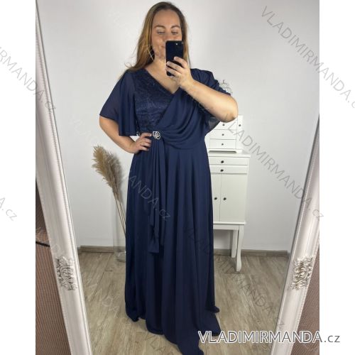 Šaty dlhé elegantné spoločenské krátký rukáv dámske nadrozměr (2XL/3XL  ONE SIZE) TALIANSKA MóDA IM423ISABELA/DU 2XL/3XL tmavo modrá
