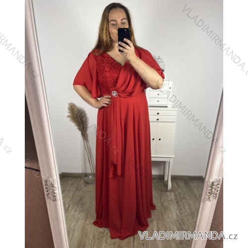Šaty dlhé elegantné spoločenské krátký rukáv dámske nadrozměr (2XL/3XL  ONE SIZE) TALIANSKA MóDA IM423ISABELA/DU 2XL/3XL červená