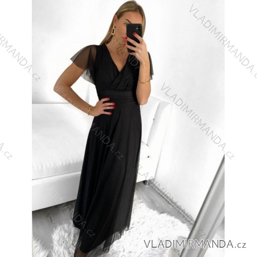 Šaty spoločenské elegantný krátky rukáv dámske (L/XL ONE SIZE) TALIANSKA MÓDA IMS233589XL čierna L/XL