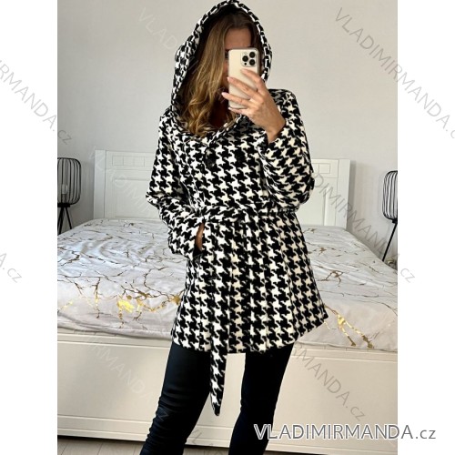 Kabát flaušový na knoflíčky s kapucí dámský (S/M/L ONE SIZE) ITALSKÁ MÓDA IM423600/DU M / L Čierno-biela