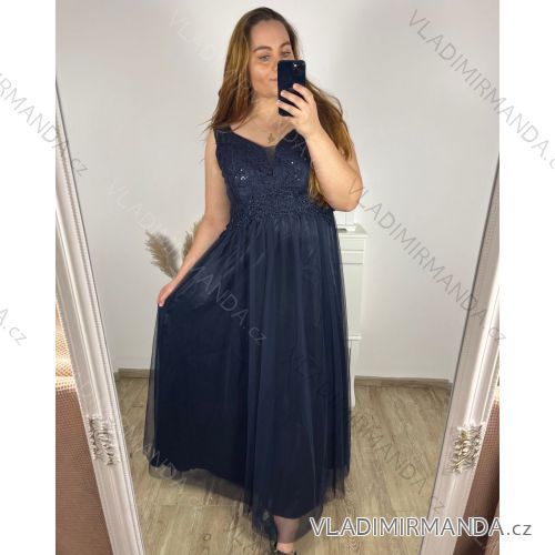 Šaty dlhé spoločenské na ramienka dámske nadrozměr  (L/XL/2XL ONE SIZE) TALIANSKA MÓDA IMPSH23L676/DR XL/2XL tmavo modrá