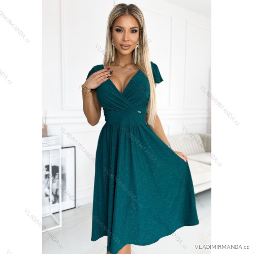 425-6 MATILDE Šaty s výstrihom a krátkym rukávom - zelené s trblietkami