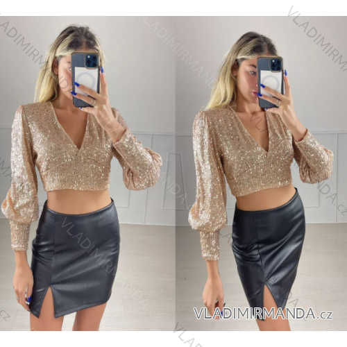 Top croptop trblietavý s flitrami dlhý rukáv dámsky (S/M ONE SIZE) TALIANSKA MÓDA IMPBB22O5200/DUR čierna S/M