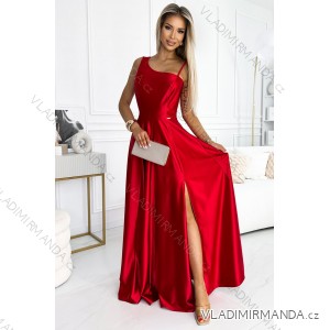 524-1 Dlhé elegantné saténové šaty na jedno rameno - červené