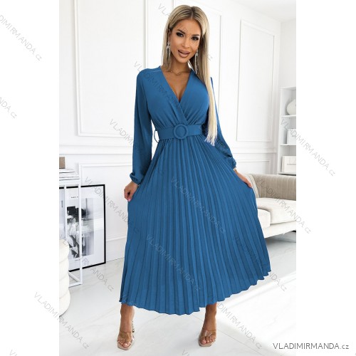 504-5 VIVIANA Skladané midi šaty s výstrihom, dlhými rukávmi a širokým opaskom - DŽÍNSKY