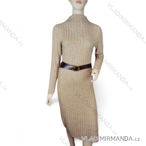 Šaty dlhé úpletové s opaskom dlhý rukáv dámska (S/M ONE SIZE) TALIANSKA MÓDA IMM23M8369/DR S/M béžová