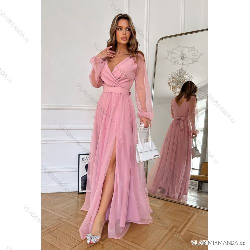 Šaty spoločenské dlhý rukáv dámske (34-48) POLSKÁ MÓDA PMLBC24302-20 ružová 48