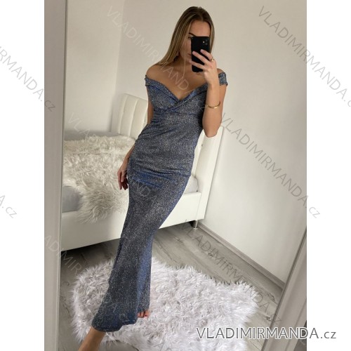 Šaty extra dlhé elegantné spoločenské trblietavé carmen dámske (S/M ONE SIZE) TALIANSKA MÓDA IMM22FUZZY/DU -   strieborná
 -   S / M