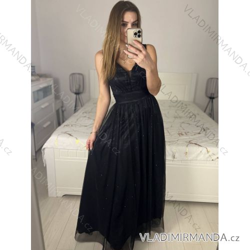 Šaty dlhé třpytivé spoločenské na ramienka dámske (S/M/L ONE SIZE) TALIANSKA MÓDA IMC23480/DUR čierna M / L