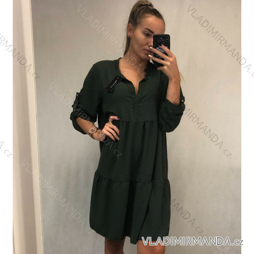 Šaty košílové 3/4 rukáv dámske (L/XL ONE SIZE) TALIANSKÁ MÓDA IMD202505 / DR -   zelená smaragdová -   S / M
