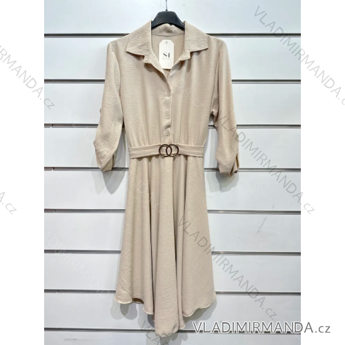 Šaty košeľové s opaskom dlhý rukáv dámske (S/M ONE SIZE) TALIANSKA MÓDA IMPSH24210151 béžová S / M