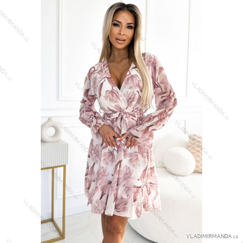 Šifónové šaty 514-1 s výstrihom, volánikmi a opaskom - béžové kvety