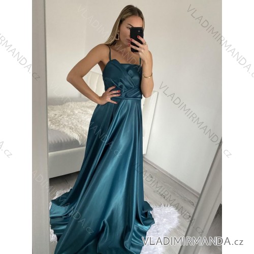 Šaty dlhé spoločenské na ramienka dámske (S/M ONE SIZE) TALIANSKA MÓDA IMPSH2480602 modrá petrolejová S/M