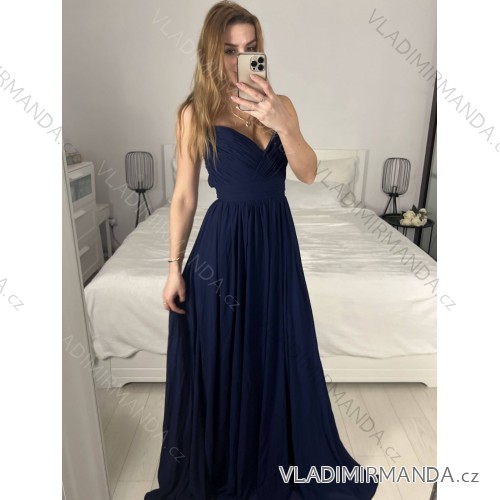 Šaty dlhé spoločenské na ramienka dámske (S/M ONE SIZE) TALIANSKA MÓDA IMPSH24F8001/DU S / M tmavo modrá