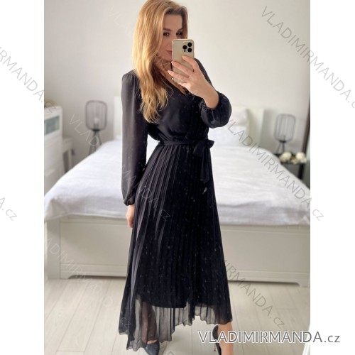 Šaty elegantné dlhé šifonové dlhý rukáv dámske (S/M ONE SIZE) TALIANSKA MÓDA IM424LEONA/DUR -   čierna
 -   S / M