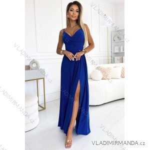 299-17 CHIARA elegantné maxi šaty na ramienka - modré s trblietkami