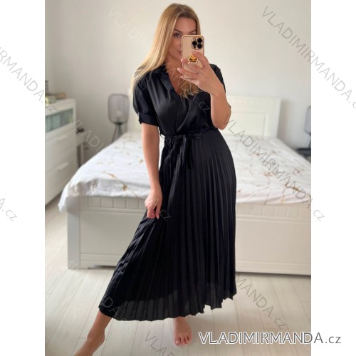 Šaty dlhé košeľové s opaskom krátky rukáv dámske (S/M ONE SIZE) TALIANSKA MÓDA IMM24M6575A/DU -   čierna
 -   S / M
