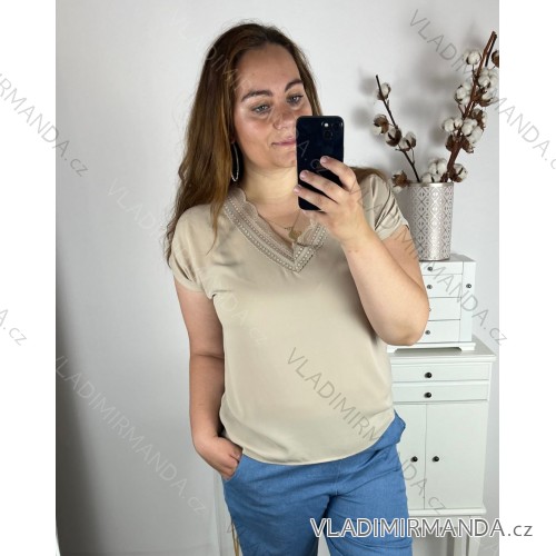 Tunika blúzka s čipkou krátky rukáv dámska nadrozmer (44/46/48 ONE SIZE) TALIANSKA MÓDA IMWEC24041/DUR béžová 44/46/48