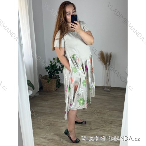 Šaty dlhé letné krátky rukáv dámske nadrozmer (56/58 ONE SIZE) TALIANSKA MÓDA IMWT24033/DUR - béžová - 56/58