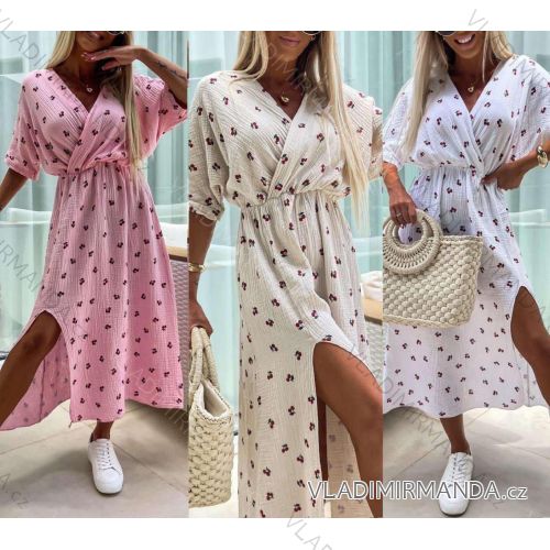 Šaty dlhé letné mušelínové krátky rukáv dámske nadrozmer (48/50 ONE SIZE) TALIANSKA MÓDA IM424449