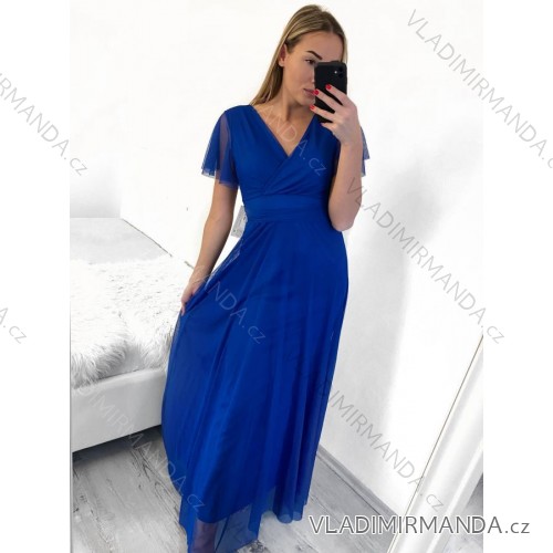 Šaty spoločenské elegantný krátky rukáv dámske (S/M ONE SIZE) TALIANSKA MÓDA IMPSH223589L/DUR - modrá kráľovská - S/M