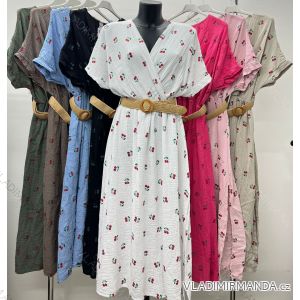 Šaty dlhé letné s opaskom mušelínové krátky rukáv dámske nadrozmer (48/50 ONE SIZE) TALIANSKA MÓDA IM424428