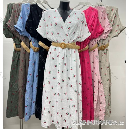 Šaty dlhé letné s opaskom mušelínové krátky rukáv dámske nadrozmer (48/50 ONE SIZE) TALIANSKA MÓDA IM424428