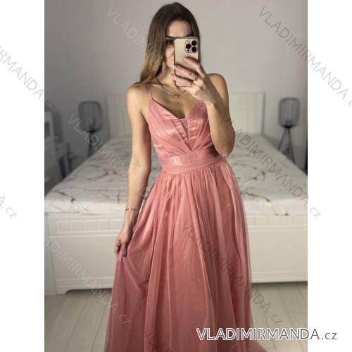 Šaty dlhé trblietavé spoločenské na ramienka dámske (S/M ONE SIZE) TALIANSKA MÓDA IMPSH24L666/DU -   růžová starorůžová -   S / M