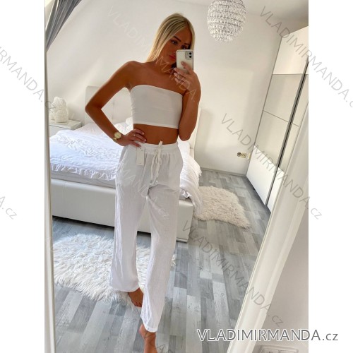 Nohavice letné mušelínové bavlnené dlhé dámske (S/M/L ONE SIZE) TALIANSKA MÓDA IMC24040/DU M / L biela