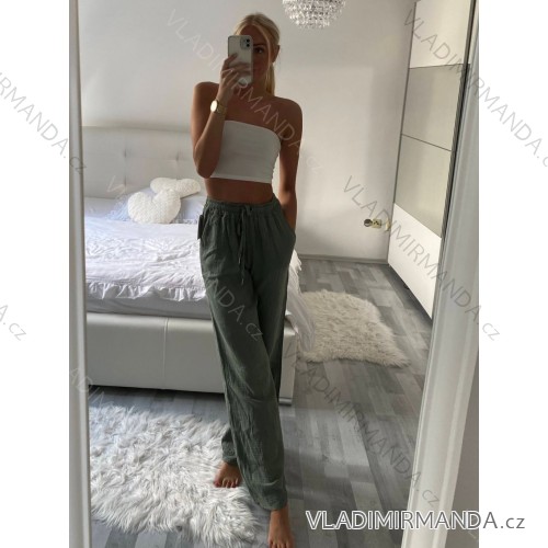 Nohavice letné mušelínové bavlnené dlhé dámske (S/M/L ONE SIZE) TALIANSKA MÓDA IMC23245/DU M / L zelená khaki